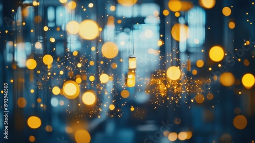 Abstract glowing bokeh lights and illuminated cylindrical object with golden accents, representing technology and quality control in industry