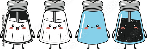 Set of Cute Cartoon Salt and Pepper Shakers with Faces for Food, Kitchen, and Kawaii Illustrations