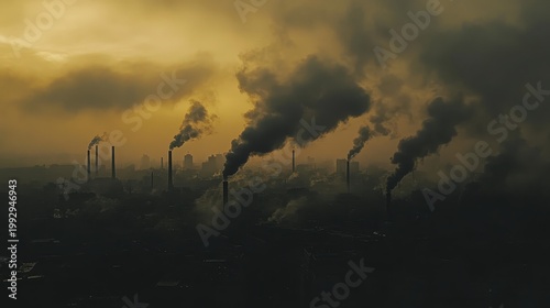 Dense industrial smoke billows from factory chimneys across a smog-filled city landscape under overcast skies, creating a starkly contrasting, polluted atmosphere.