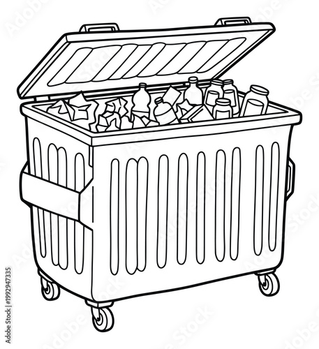 Open public waste bin full of plastic bottles and garbage, depicting recycling efforts and environmental responsibility.