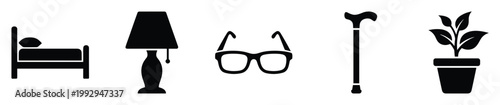Black vector icons of home items bed lamp glasses cane and plant for domestic design projects