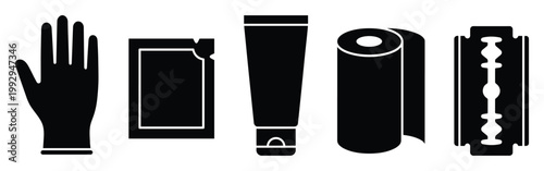 Black silhouette icons of medical and hygiene items including glove, packet, tube, roll, and razor for healthcare designs.