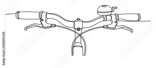 Line drawing of bicycle handlebars with grips, brake levers, and a bell, useful for cycling themes.