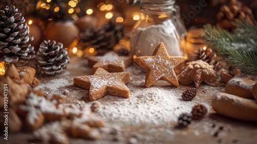 Cozy Christmas Star Cookies with Powdered Sugar on a Rustic Kitchen Countertop