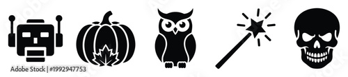 Collection of robot pumpkin owl magic wand and skull icons for diverse graphic design projects and digital applications