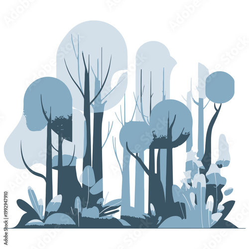 Minimal blue forest silhouette with soft tones, conveying peaceful atmosphere, natural environment, and modern decorative simplicity.