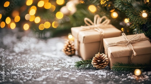 Cozy Christmas morning scene with gifts under a decorated tree and warm bokeh lights