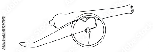 Simple continuous line drawing of an antique military cannon with wheels perfect for history themed graphic designs or war related iconography