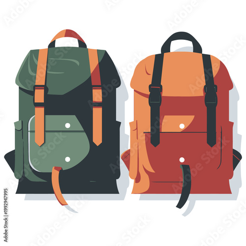 Rugged backpacks designed for hiking and outdoor adventures, featuring straps and pockets for practical travel and camping use.