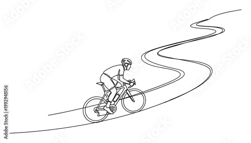 Cyclist riding a bicycle on a winding road, symbolizing sport, fitness, and challenging outdoor adventures