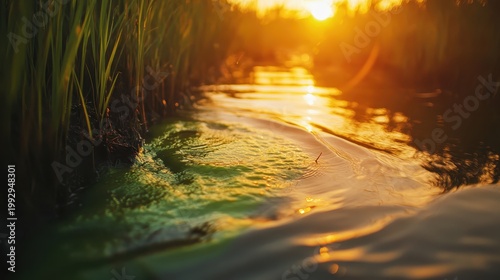 Contaminated water seeps into marshlands near a polluted river during a soft, golden sunset