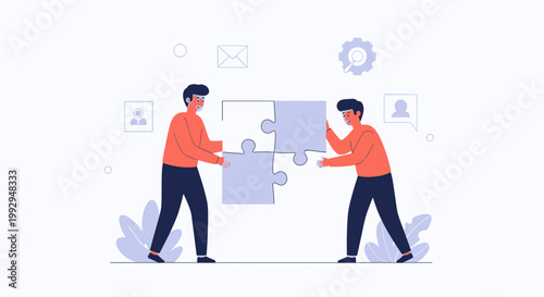 Two people assembling jigsaw puzzle pieces, teamwork and collaboration concept