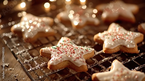 Festive Star Shaped Christmas Cookies Decorated with Colorful Sprinkles and White Icing on a Cooling Rack with Soft Holiday Lights