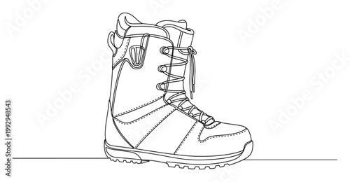 Continuous line drawing of a durable snowboard boot perfect for winter sports and outdoor adventure graphic design projects