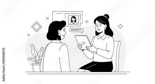 Two women in video call interview, remote job, online meeting, business communication