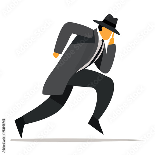 Stylized Man Running in Trench Coat and Hat Noir Detective or Secret Agent Character in Motion Minimal Flat Vector Illustration on Light Background