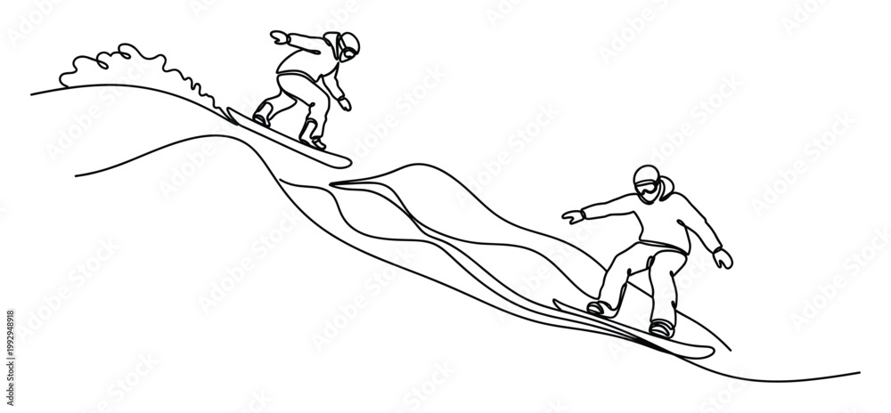 Obraz premium Dynamic continuous line depiction of two snowboarders gliding down a snowy mountain for winter sports promotions.