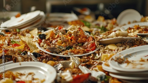 Extensive Food Waste on Discarded Plates at a Buffet With Leftovers in a Restaurant Setting