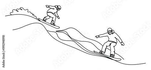 Dynamic continuous line depiction of two snowboarders gliding down a snowy mountain for winter sports promotions.