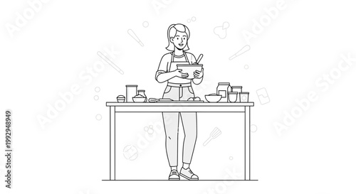 Woman baking at kitchen table, mixing ingredients in bowl, cartoon illustration