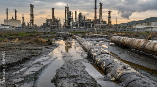 Industrial pollution seeping contaminated water into wetlands near a sprawling factory complex under overcast skies