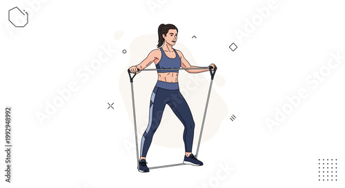 Woman doing resistance band exercises for chest and arms, fitness workout at home