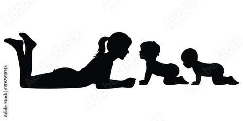 Parent playing with babies, family bonding, childcare moment, nurturing love, infant crawling, silhouette design, parenting concept, childhood care, flat vector illustration
