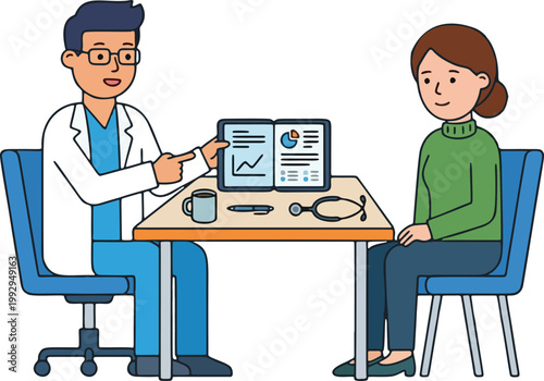 Doctor consulting patient in clinic flat vector illustration.