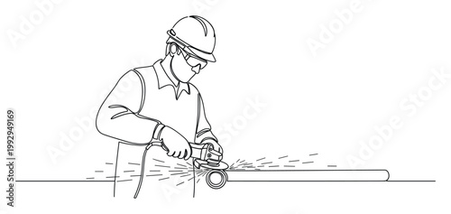 Worker using angle grinder on metal pipe with safety gear for industrial training promotion.