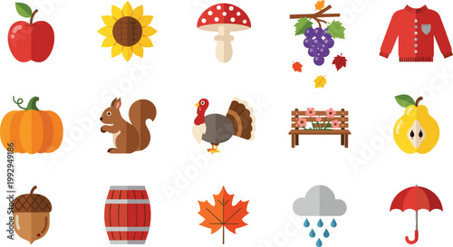 Set of Autumn and Harvest Icons Including Fruits, Animals, Weather, and Seasonal Symbols for Fall, Nature, and Thanksgiving Illustrations