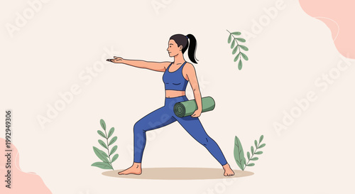 Woman in blue sportswear doing yoga warrior pose holding a mat, surrounded by leaves.