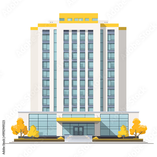 Contemporary multi story building with glass facade and entrance, business or hotel concept.