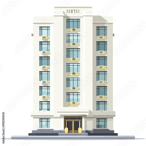 Multi story hotel exterior with balconies and windows, urban accommodation and hospitality concept in flat style.