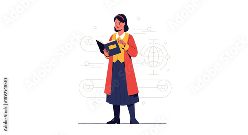 Woman in vintage clothing reading a book with global network background