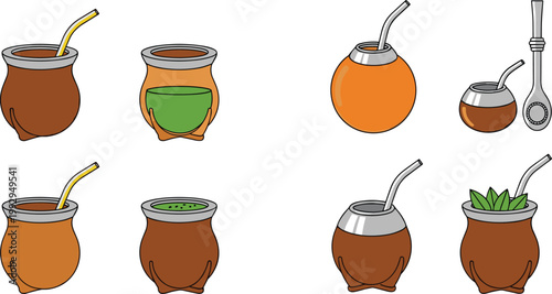 Set of Yerba Mate Drinks in Various Cups and Styles with Straws for Beverage, Culture, and Traditional Drink Illustrations
