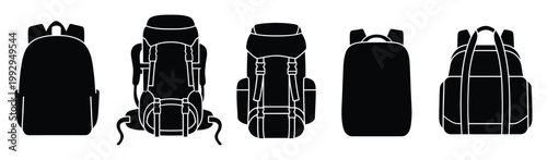 Collection of diverse backpack and travel bag silhouettes perfect for outdoor adventure and school equipment icons