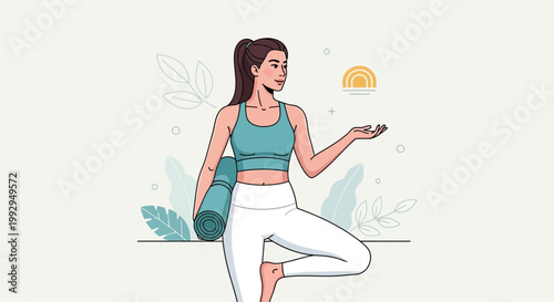 Woman in yoga pose with mat, healthy lifestyle, wellness, fitness, balance