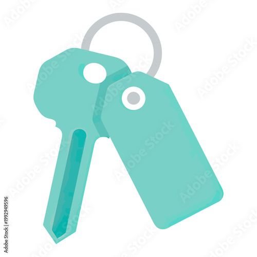 Stylized key with hanging tag in teal colors, representing hotel access, property identification and security system.
