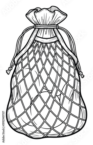 A hand drawn black and white mesh drawstring bag graphic ideal for packaging, shopping, or ecofriendly lifestyle concepts