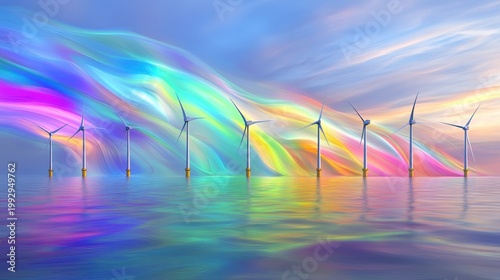 Offshore wind turbines generating renewable energy on vibrant colorful ocean waters under an artistic sky