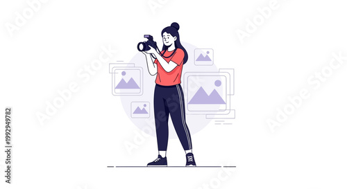 Woman photographer holding camera, surrounded by digital photo frames, vector illustration