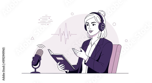Woman Podcaster Recording Audio with Microphone and Headphones, Reading from Book