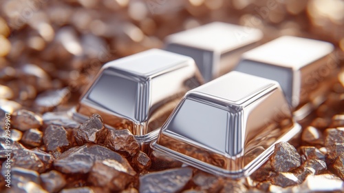 Refined Precious Metal Bars Resting on Raw Ore, Symbolizing Investment and Wealth
