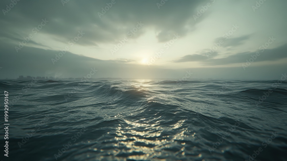 Fototapeta premium Shimmering Sunlight on Rolling Ocean Waves Under a Cloudy Sky