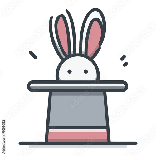 Adorable rabbit popping out of a magician hat in playful style, symbolizing magic tricks, fun entertainment, and whimsical design.