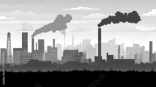 Industrial factory skyline with heavy smoke emissions against a hazy sky
