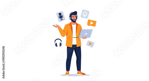 Man juggling media icons with laptop and headphones, digital content creation concept