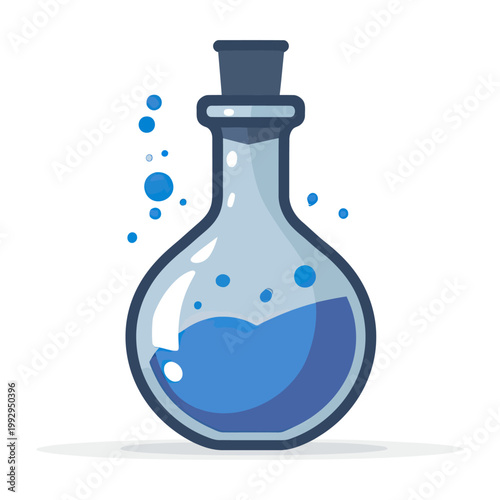 Stylized glass bottle filled with blue liquid and bubbles, representing chemistry experiments, potions, or laboratory science themes.