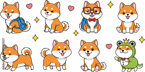 Cute Shiba Inu dog cartoon vector set in flat style, adorable puppy characters with different poses and outfits for kids and pet design