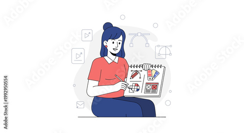 Graphic designer woman presenting design sketches and color palette on a notepad